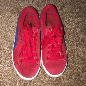 Red, white & blue kids suede PUMA sneakers